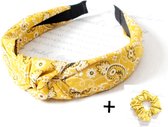 Set Dames Haarband Paisley + XL Scrunchie- Kleur Geel,100% katoen- Haarbanden gebloemd vrouwen meisjes- Hoofdband Breed Geel scrunchie elastiek| Cadeau setje voor dames