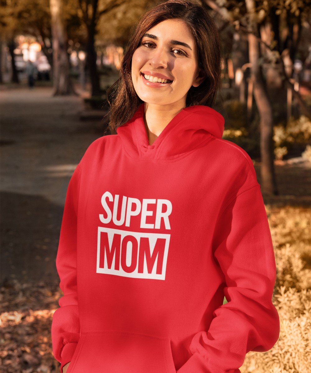 Moederdag Hoodie Super Mom - Kleur Rood | Maat XL | Moederdag Cadeautje Voor Mama's