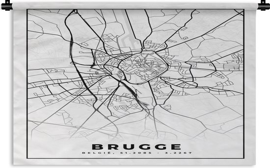 Wandkleed - Wanddoek - Plattegrond – Brugge – Zwart Wit – Stadskaart - Kaart - België - 180x120 cm - Wandtapijt