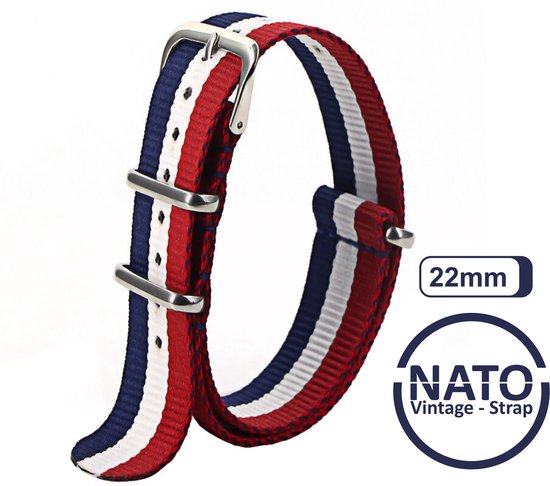 22mm Premium Nato Strap Rood Wit Blauw streep - Vintage James Bond - Nato Strap collectie - Mannen - Horlogeband - Nederland kleursamenstelling 22 mm bandbreedte voor oa. Seiko Rolex Omega Casio en Citizen