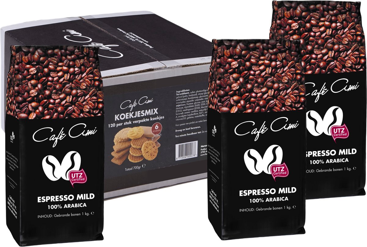 Café Ami koffiepakket: 3 zakken koffiebonen mild (1000 gram) en doos koekjesmix (120 stuks)