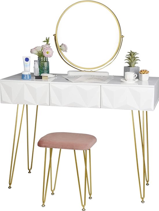 Make-up Tafel Met 360 Graden Draaibare Verlichte Spiegel, Kaptafel En Krukje Met 4 Opberglades Kussen Kaptafel Set Voor Kleedkamer Slaapkamer Wit Tg32763