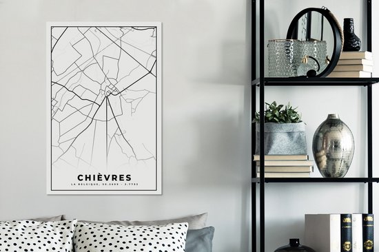 Toile Peinture Carte – Plan d'étage – Plan de Ville – Chièvres – België – Zwart Wit - 40x60 cm - Décoration murale
