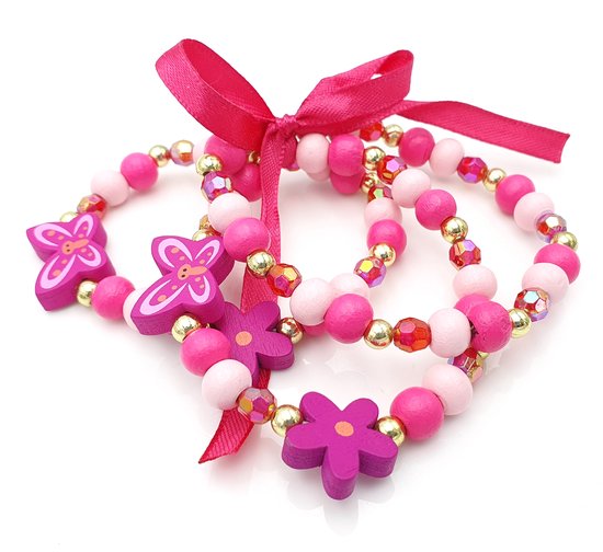 Bracelet enfant 3 pièces avec perles en bois, noeud et papillons rose et  doré | bol