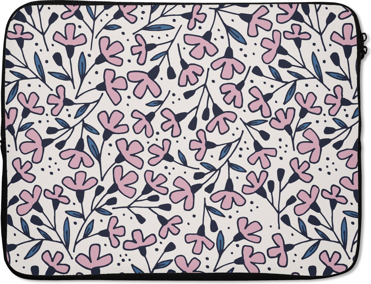 Laptophoes 17 inch - Meiden - Bloemen - Roze - Patronen - Girl - Kids - Kinderen - Meisjes - Laptop sleeve - Binnenmaat 41x28 cm - Zwarte achterkant