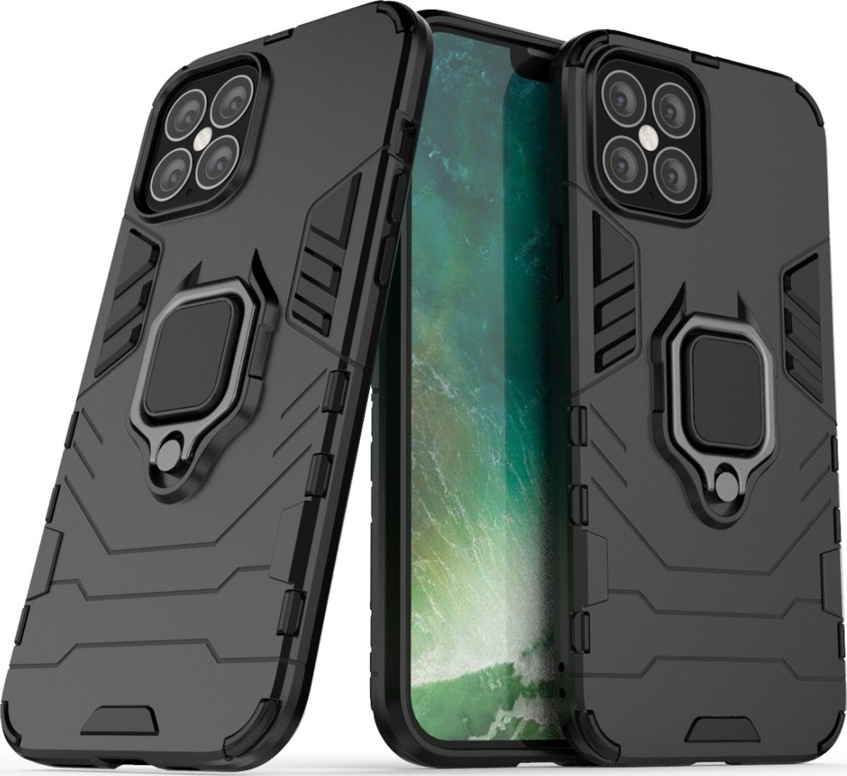 Mobigear Hoesje geschikt voor Apple iPhone 12 Telefoonhoesje Hardcase | Mobigear Armor Ring Backcover Shockproof met Ringhouder | Schokbestendig iPhone 12 Telefoonhoesje | Anti Shock Proof - Zwart