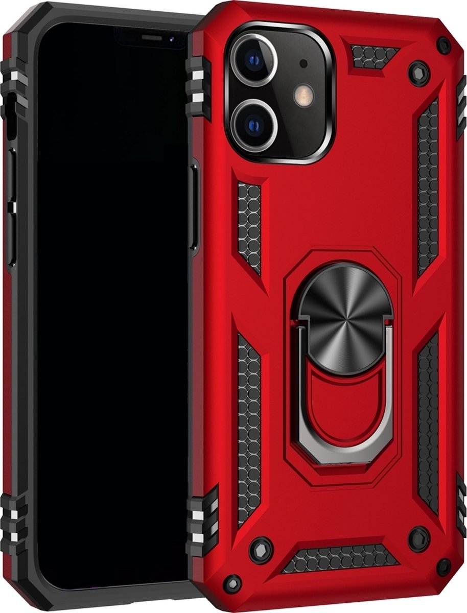 Mobigear Hoesje geschikt voor Apple iPhone 12 Telefoonhoesje Hardcase | Mobigear Armor Ring Backcover Shockproof met Ringhouder | Schokbestendig iPhone 12 Telefoonhoesje | Anti Shock Proof - Rood