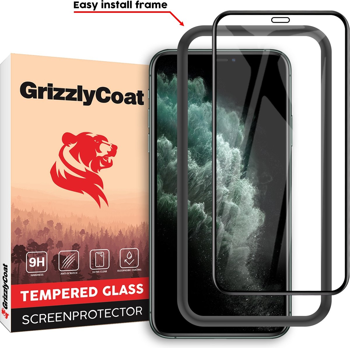 GrizzlyCoat Easy Fit - Screenprotector geschikt voor Apple iPhone 11 Pro Max Glazen Screenprotector - Case Friendly + Installatie Frame - Zwart