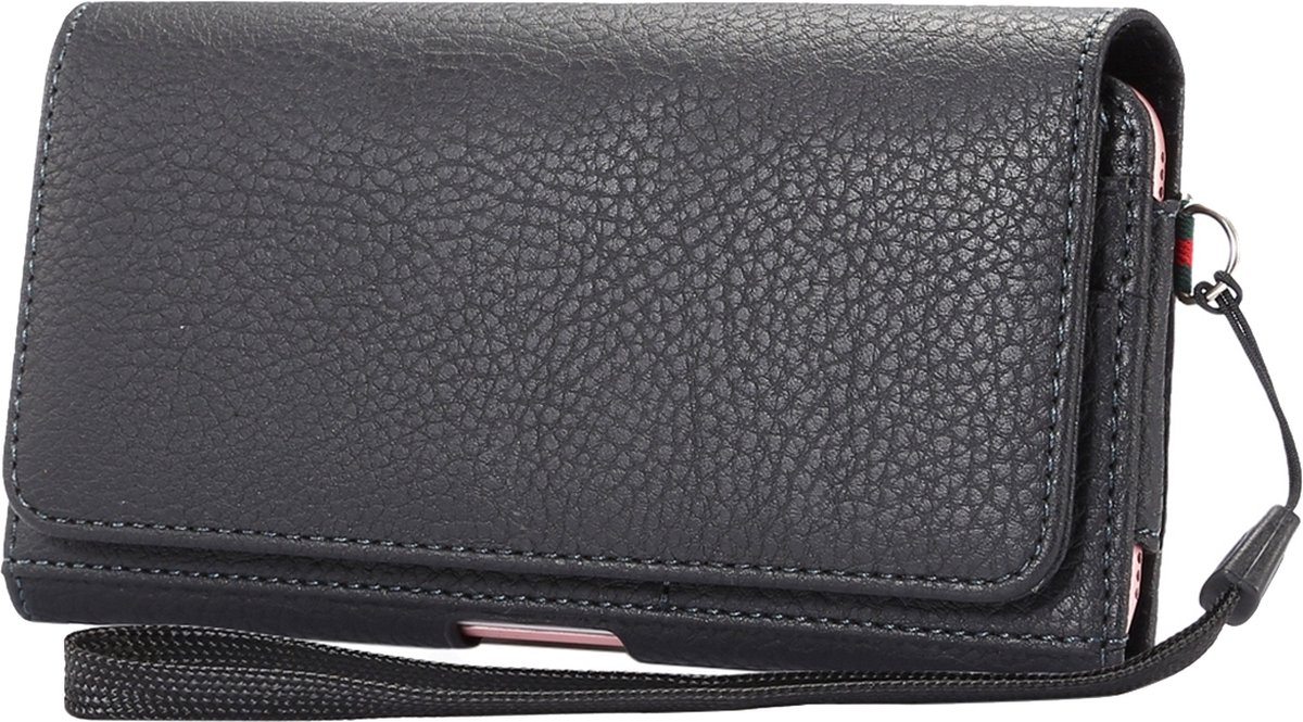 Mobigear Telefoonhoesje geschikt voor Broekriemhoesje | Mobigear Deluxe Belt (max 16 cm x 8,3 cm) - Riemtasje - Holster | Pasjeshouder voor 2 Pasjes | Telefoonhoesje voor Pinpas / OV Kaart / Rijbewijs - Zwart
