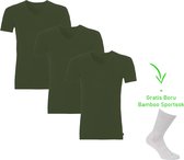 Bamboo T-Shirt - V Hals - Super zacht - Antibacterieel - Perfect draagcomfort - 95% Bamboo - 3 stuks - 1 paar bamboo sokken cadeau - Khaki - M