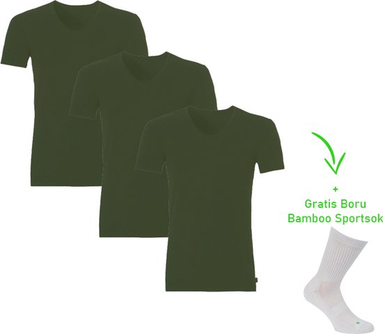 T-shirt en Bamboo - Col en V - Super doux - Antibacterieel - Confort de port Perfect - 95% Bamboo - 3 pièces - 1 paire de chaussettes en bambou en cadeau - Kaki - M