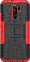 Mobigear Hoesje geschikt voor Xiaomi Redmi 9 Telefoonhoesje Hardcase | Mobigear Tire Backcover Shockproof met Standaard | Schokbestendig Redmi 9 Telefoonhoesje | Anti Shock Proof - Zwart / Rood