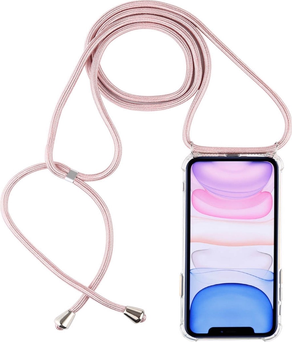 Mobigear Telefoonhoesje geschikt voor Apple iPhone 11 Flexibel TPU | Mobigear Lanyard Hoesje met koord - Transparant / Roségoud