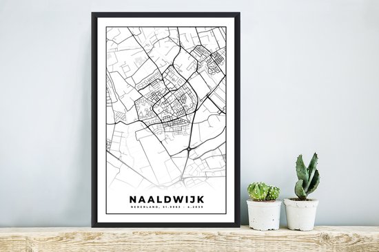 Cadre photo avec affiche Zwart Wit- Naaldwijk - Plan de la ville - Zwart Wit - Carte - Carte - Nederland - 40x60 cm - Cadre pour affiche