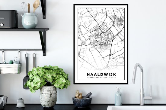 Cadre photo avec affiche Zwart Wit- Naaldwijk - Plan de la ville - Zwart Wit - Carte - Carte - Nederland - 40x60 cm - Cadre pour affiche