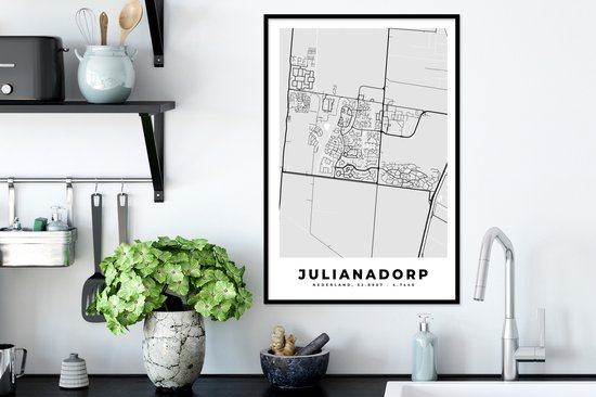 Fotolijst incl. Poster Zwart Wit- Julianadorp - Stadskaart - Zwart Wit - Kaart - Plattegrond - Nederland - 40x60 cm - Posterlijst