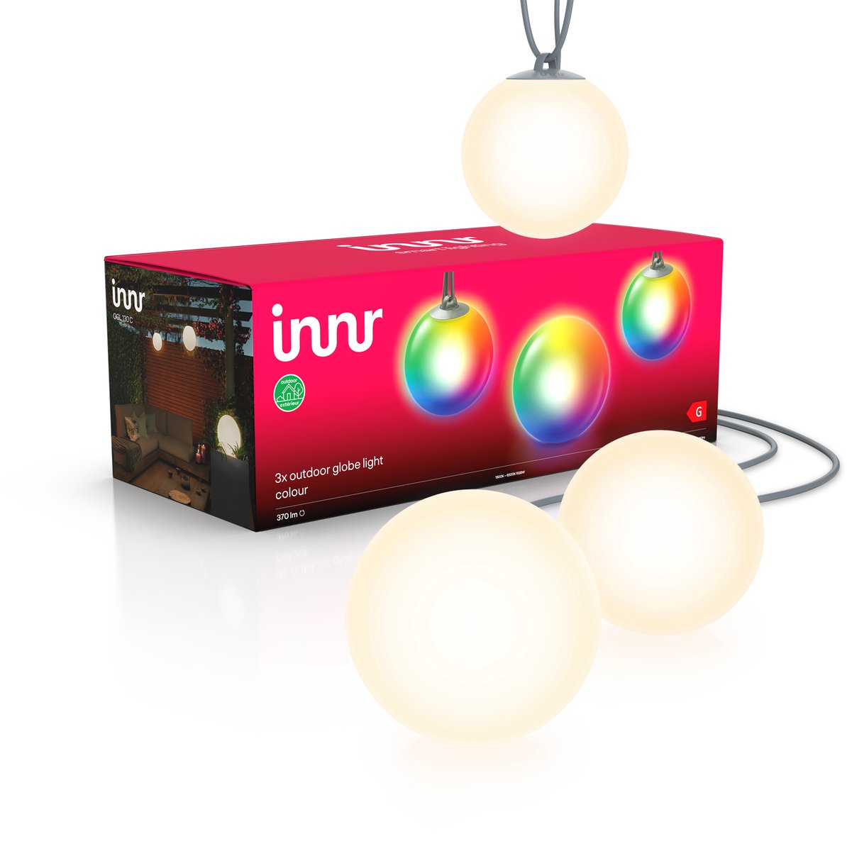 Innr Slimme Buitenverlichting Bol Color - Smart Lichtbollen werkt met Philips Hue* - Slimme Tuinverlichting met 16 Miljoen Kleuren en alle Wittinten - Zigbee Lamp Outdoor - Dimbaar - 3-Pack