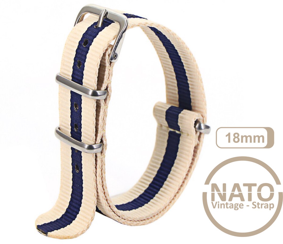 18mm Nato Strap Khaki Blauw Streep - Vintage James Bond - Nato Strap collectie - Mannen - Kaki Horlogebanden - 18 mm bandbreedte voor oa. Seiko Rolex Omega Casio en Citizen