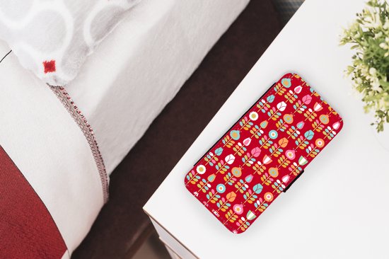 Étui pour téléphone iPhone XR Bookcase - Motifs - Fleurs - Rétro - Rouge - Avec compartiments - Étui portefeuille avec fermeture magnétique