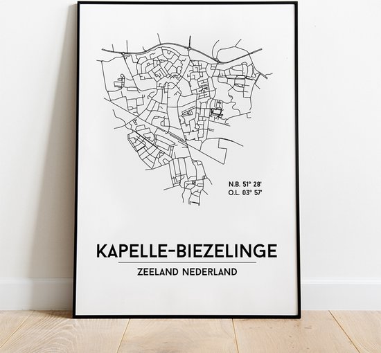 Kapelle-Biezelinge city poster, A3 (30x40 cm) met lijst, plattegrond poster, woonplaatsposter, woonposter