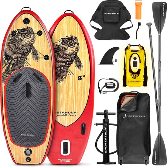 Sportstech 8in1-stand up paddling board Set + kajak-zitting & led dry bag + luidspreker | standup paddleboard opblaasbaar + luchtpomp & fiberglas peddel | zomerplezier stand-up paddling | WBXs surfplank