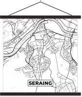 Posterhanger incl. Poster 120x120 cm - Schoolplaat - België – Seraing – Stadskaart – Kaart – Zwart Wit – Plattegrond - Textielposter - Zwarte latten - Plattegrond