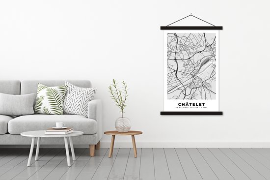 Porte-affiche avec affiche - Affiche scolaire - België - Châtelet - Plan de la ville - Carte - Zwart Wit - Carte - 120x180 cm - Lattes noires