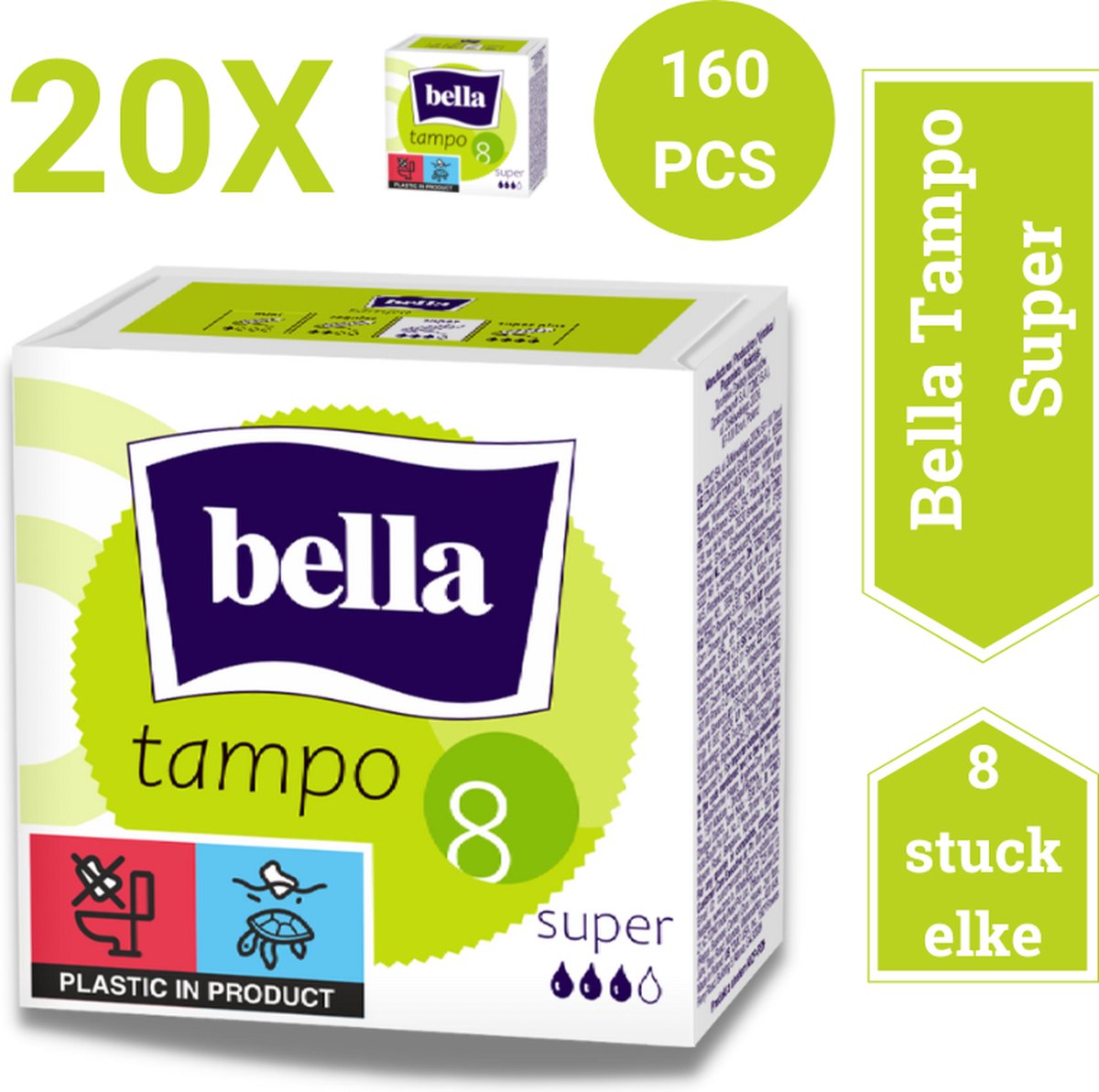 Bella Tampo Super (8 stuks in 1 pak), pak van 20 combo Tampons, zonder