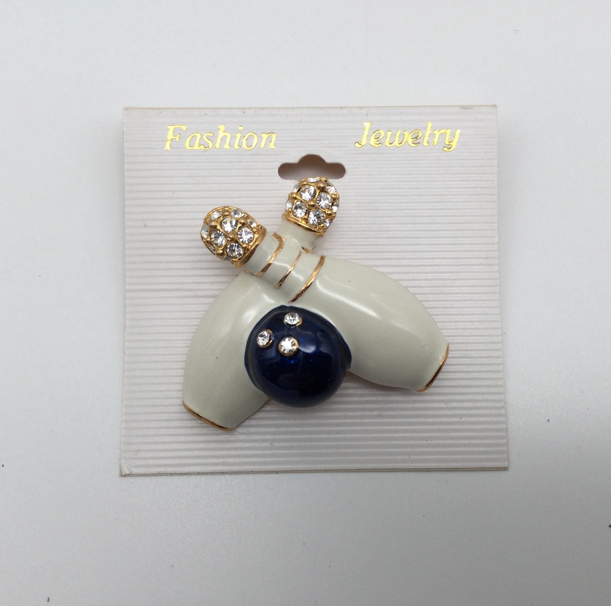 Bowling Bowlingsieraad gift 'Fasion Jewelry 2 pins met blauwe bal, wit met steentjes' broche