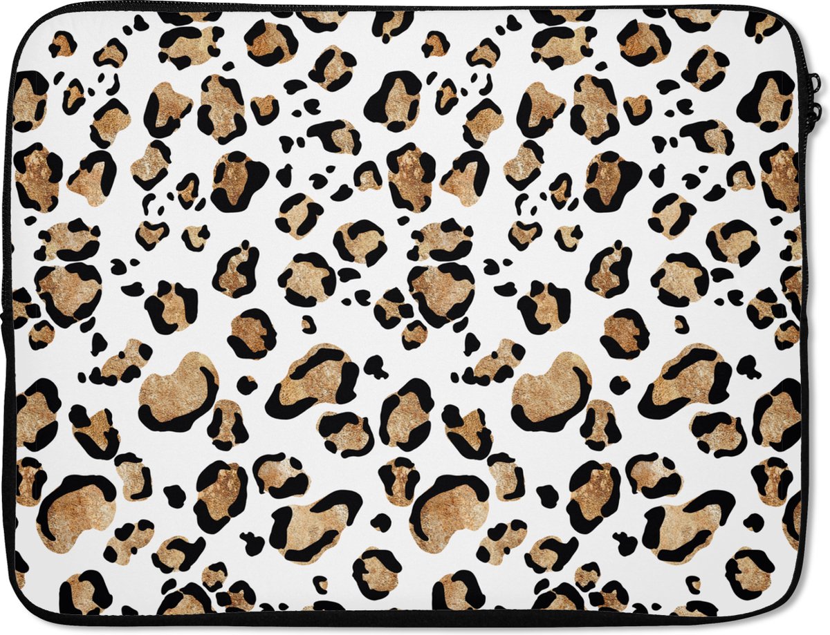 Laptophoes 17 inch - Panterprint - Bruin - Patronen - Laptop sleeve - Binnenmaat 41x28 cm - Zwarte achterkant