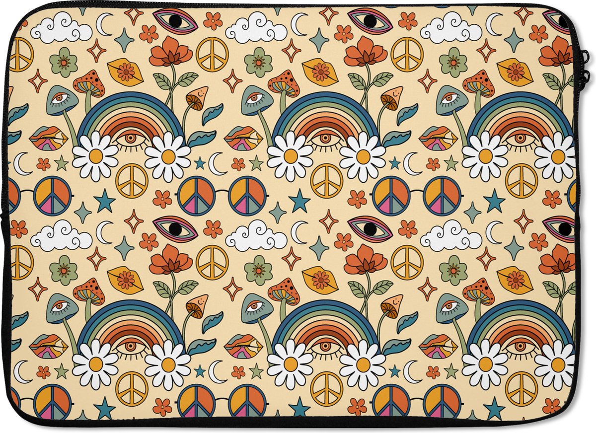 Laptophoes 14 inch - Vintage - Patronen - Zomer - Laptop sleeve - Binnenmaat 33x23 cm - Zwarte achterkant - Back to school spullen - Schoolspullen jongens en meisjes middelbare school - Macbook air hoes - Chromebook sleeve