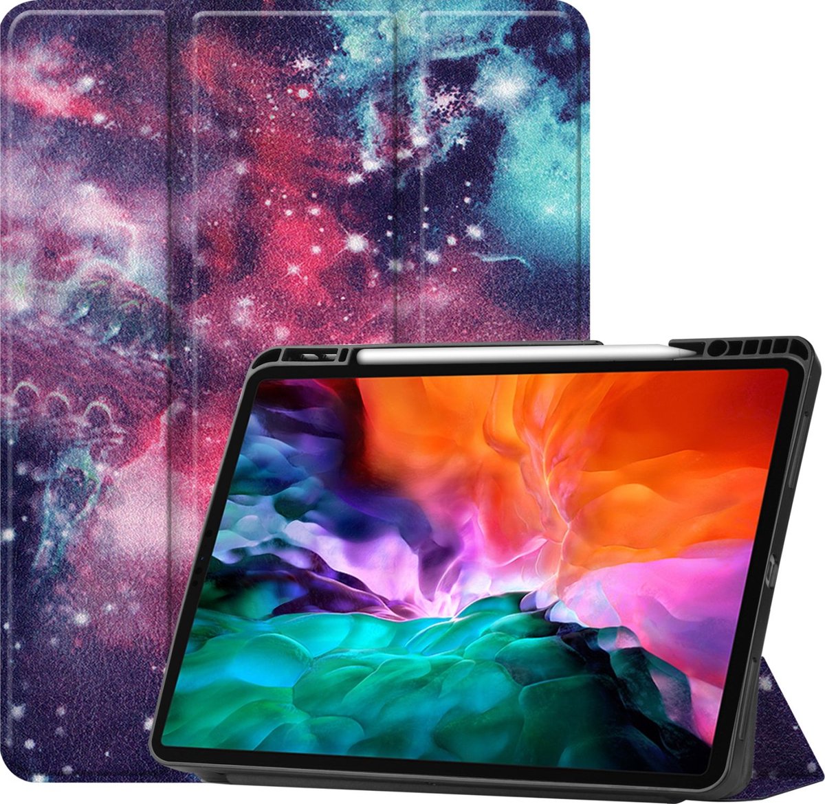 Mobigear Tablethoes geschikt voor Apple iPad Pro 12.9 Inch (2021) Hoes | Mobigear Tri-Fold Gel Bookcase + Stylus Houder - Milky Way