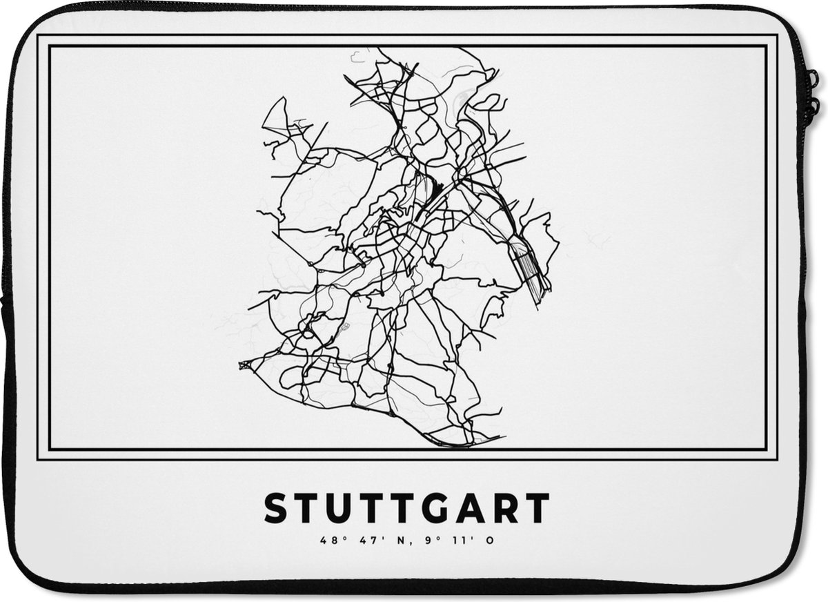 Laptophoes 14 inch - Stadskaart – Plattegrond – Duitsland – Zwart Wit – Stuttgart – Kaart - Laptop sleeve - Binnenmaat 33x23 cm - Zwarte achterkant - Stadskaart