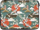 Laptophoes 15.6 inch - Kraanvogel - Sakura - Zon - Patronen - Laptop sleeve - Binnenmaat 39,5x29,5 cm - Zwarte achterkant