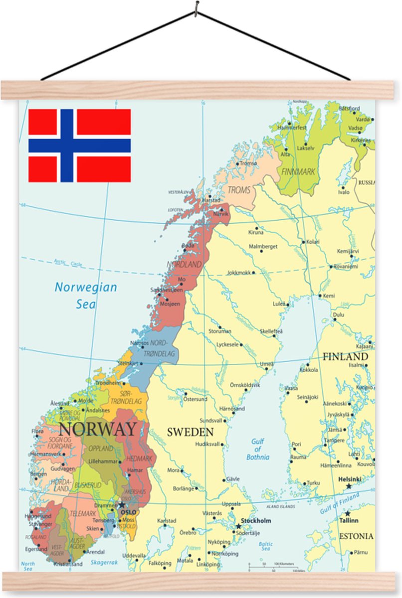 Posterhanger incl. Poster - Schoolplaat - Kleurrijke kaart van Noorwegen en  de vlag -... | bol