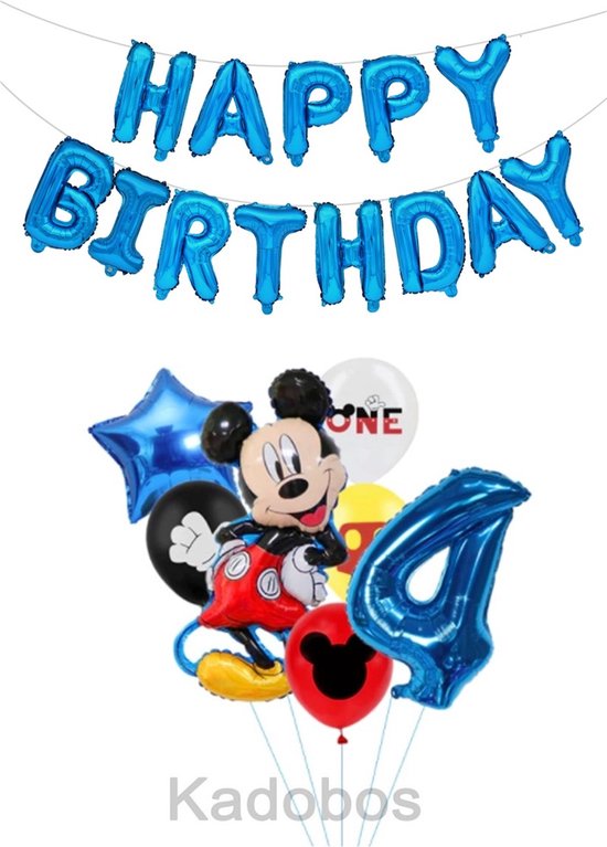 Mickey Mouse ballonnen set verjaardag 4 jaar + Happy Birthday letters - 20 delig