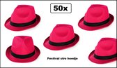 50x Festival hoed pink met zwarte band - Hoofddeksel hoed festival thema feest feest party