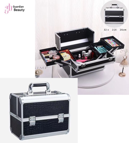 Beautycase / Beautykoffer gemaakt van aluminium | zwarte kleur met Zilveren Strips - Kapper - Tattoo - Nagel - Visagie - Make-up - Cosmetica - Schmink - Beauty case / Beauty koffer