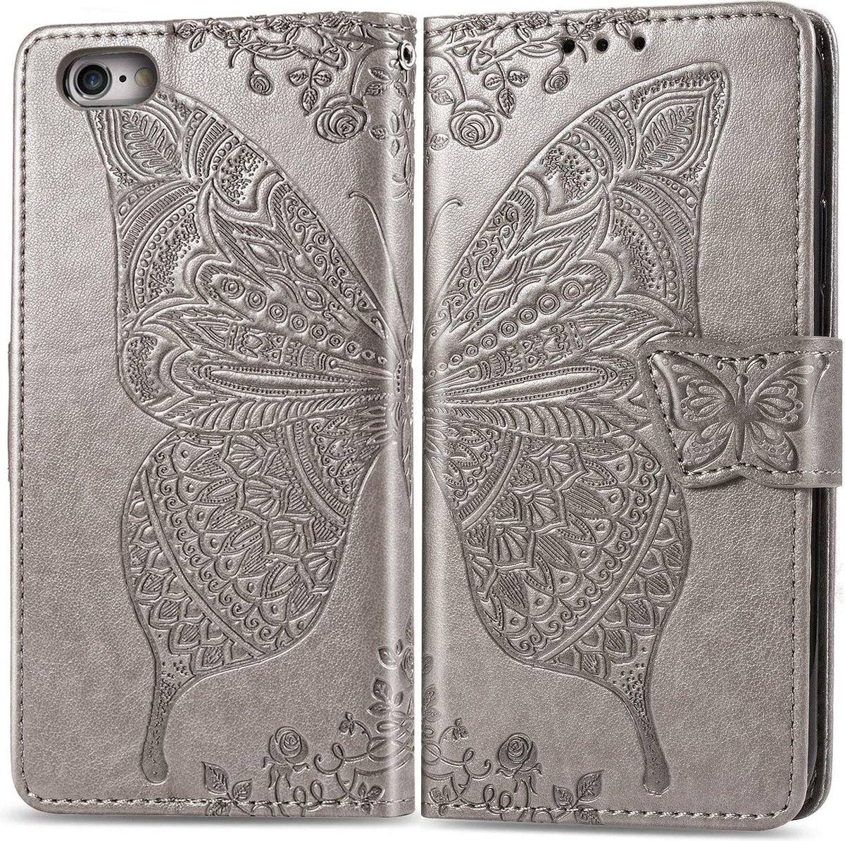 Bookcase geschikt voor Apple iPhone 6 / 6s - Grijs - Vlinder - Portemonnee Hoesje