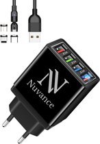 Nuvance - Oplader met 4 USB Poorten inclusief 3 in 1 Magnetische Oplaadkabel - Fast Charger - Travel Adapter Universeel - 36 Watt - Oplader/Snellader voor iPhone en Samsung