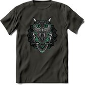 Uil - Dieren Mandala T-Shirt | Aqua | Grappig Verjaardag Zentangle Dierenkop Cadeau Shirt | Dames - Heren - Unisex | Wildlife Tshirt Kleding Kado | - Donker Grijs - XL