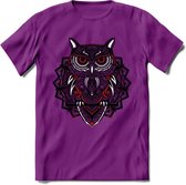 Uil - Dieren Mandala T-Shirt | Rood | Grappig Verjaardag Zentangle Dierenkop Cadeau Shirt | Dames - Heren - Unisex | Wildlife Tshirt Kleding Kado | - Paars - XL