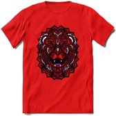 Leeuw - Dieren Mandala T-Shirt | Paars | Grappig Verjaardag Zentangle Dierenkop Cadeau Shirt | Dames - Heren - Unisex | Wildlife Tshirt Kleding Kado | - Rood - S