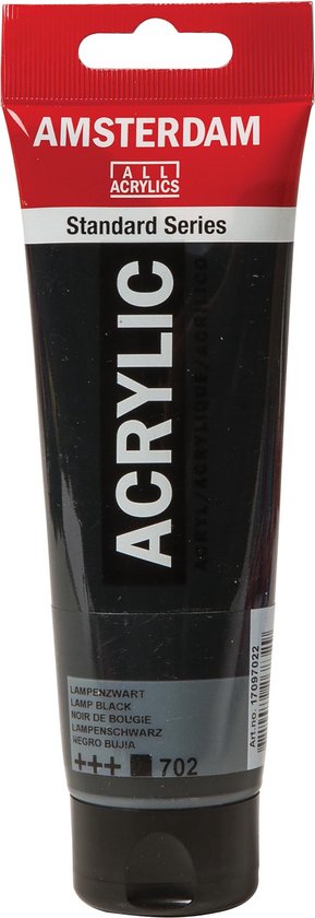 Tube de peinture acrylique Amsterdam Standard Series 120ml, noir de bougie 702, avec languette de suspension rouge.
