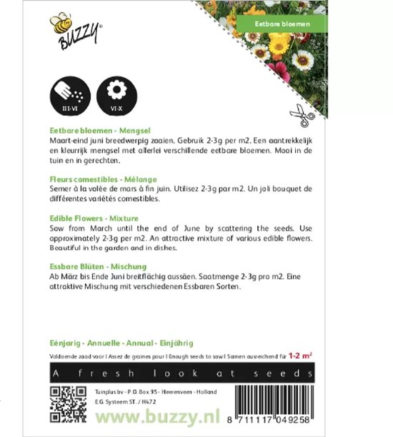Achterkant van verpakking van eetbare bloemen zaad, met plantinstructies in meerdere talen.