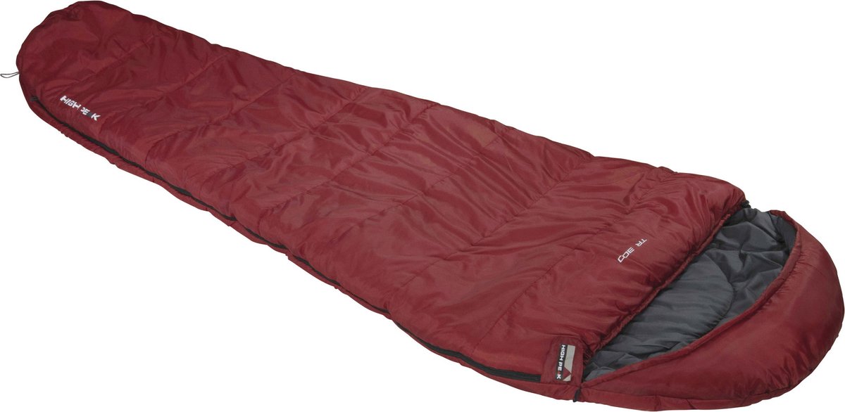High Peak TR 300, mummieslaapzak, extra breed, donkerrood, voor volwassenen, 3 seizoenen (lente-zomer-herfst), temperatuur 0°C, warm, inclusief compressiehoes, koppelbaar, ideaal voor camping, trekking, wandelen, ademend, huidvriendelijk