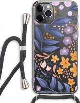 Case Company® - iPhone 11 Pro Max hoesje met Koord - Flowers with blue leaves - Telefoonhoesje met Zwart Koord - Extra Bescherming aan alle Kanten en Over de Schermrand