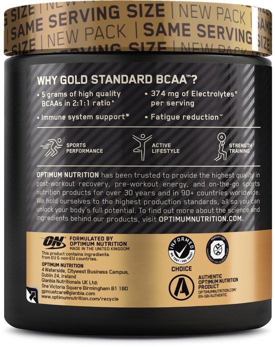 Achterkant pot Goud Standaard BCAA met productinformatie en logo's. Tekst: Why Gold Standard BCAA?, Optimum Nutrition.