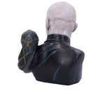 Achterkant van de buste van Lord Voldemort. Voldemort draagt een donkere outfit met blauwe strepen.