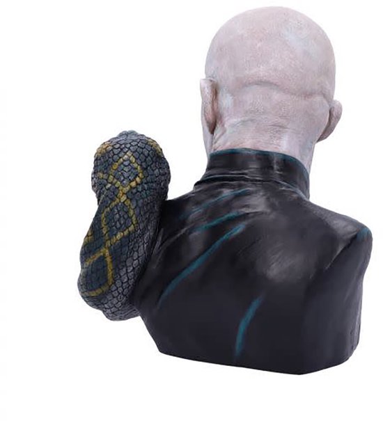 Achterkant van de buste van Lord Voldemort. Voldemort draagt een donkere outfit met blauwe strepen.